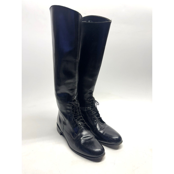 VINTAGE Justin V9296 Black Leather Horse Field Riding High Lace Boots W's 6.5 B - Picture 1 of 11